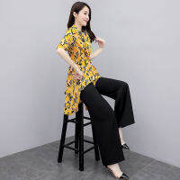 Oversize Print Suit Female Women Clothing Set For Summer Office Lady Pantsuits Fashion Elegant Irregular Tops &amp; Wide Leg Pants