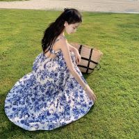 French big backless blue flowers deep collar condole belt small seaside on high waist dress skirt