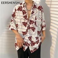 EERSHENSHI เสื้อแขนสั้นฮาวายคอวีสำหรับผู้ชาย เสื้อเชิ้ตแขนสั้นมีกระดุมทรงหลวม