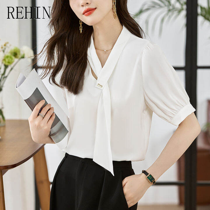 rehin-เสื้อแฟชั่นสไตล์เกาหลีแบบใหม่คอวีสำหรับผู้หญิง-สีทึบลำลองคอวีผูกโบว์ใส่ได้หลายโอกาสเสื้อเชิ้ตแขนสั้น