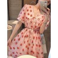 Puff Sleeve V-Neck Strawberry Dress Sequin Craft Lace-Up Dress Promotion