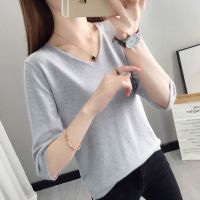 Womens candy-colored knitwear V-neck Half sleeve loose thin sweater