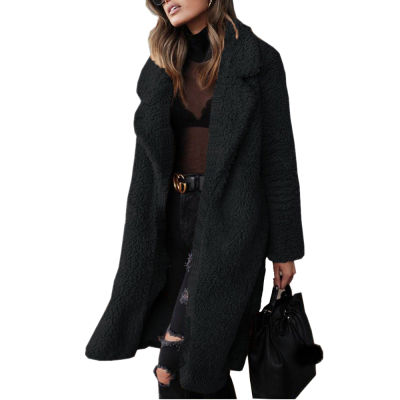 Long Sleeve Lapel Solid Color Women Plush Top Autumn Winter  Cool Fashion Street Style Thickened Button Less Coat Plus Size