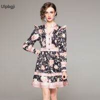 Womens Palace Style Light Luxury Ladies Retro Printing Small V-neck Single-breasted Lantern Sleeves Waist Dress Women