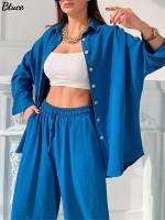 Blue Lapel Shirt Elastic Waist Pants Casual Sets Spring Office Lady Fashion Long Sleeves Single-breasted Tops Harem Pants Suits