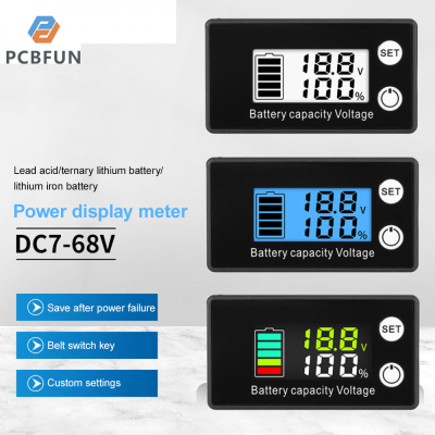 pcbfun แบตเตอรี่ตัวบอกความจุ7-68V พร้อมแบตเตอรี่ลิเธียมหน้าจอ LCD สำหรับและแบตเตอรี่กรดตะกั่วเหมาะสำหรับรถยนต์/รถจักรยานยนต์/โฟโตอิเล็กทริก