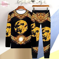 Mens T-shirt Dragon Pattern Round Neck Casual Long-sleeved Shirt