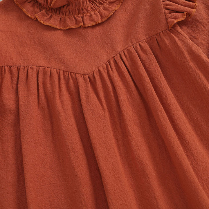 ชุดใส่สบายไม่เป็นทางการหญิงสีทึบกระโปรงยาวเดรสแขนลูกไม้สำหรับเด็กคอแต่งระบายสีกากี-คาราเมล