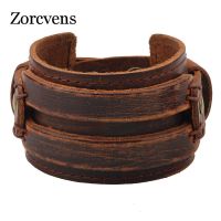 【ร้อน】 ZORCVENS แฟชั่นใหม่ผู้ชายกว้างสร้อยข้อมือหนังแท้สีน้ำตาลกว้างข้อมือสร้อยข้อมือแอมป์; กำไลวินเทจพังก์สายรัดข้อมือผู้ชายเครื่องประดับ