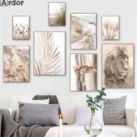 2023㍿▤✐ Flower Reed Dandelion Prints Canvas Painting Beach Grass Palm Leaf Print Lion Art Poster Nordic Wall Pictures Living Room Decor