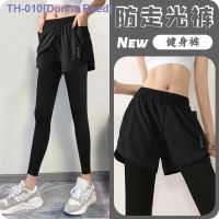 ☈□ Sports pants womens tight high waist running quick-drying yoga shorts anti-light high elastic outerwear fake two-piece fitness pants summer