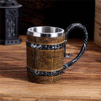 Vikings Vintage Style Stainless Steel Beer Mug Medieval Pirate Wooden Barrel Large-capacity Double layer Drinking Cup Ornaments