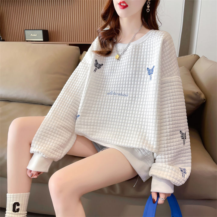 xiang-nian-ni-ใหม่เกาหลีฤดูใบไม้ร่วงสไตล์หลวมปกหลังผ้าแจ็คการ์ดปักเสื้อกันหนาวแบบบาง