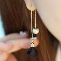 ex606 Korean Version Fashion Vintage Simple Imitation Pearl Fabric Flowers Ear Line Earrings Trendy Women 39;s Jewelry Accessories