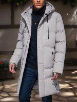 xixibeauty Warm Hooded Mid-length Jacket, Mens Casual Zip Up Cotton Padded Jacket Overcoat For Fall Winter Outdoor