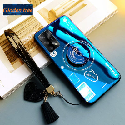 Gloden tree For OPPO A74 4G Case Camera Pattern + Stand + Beautiful Tassel Hand Strap Protective Back Cover Couple Cases
