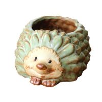 Ceramic Flower Pot Hedgehog Shape Flower Pot with Drainage Animal Sculpture Crafts Decoration Garden Micro-view Potted