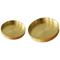 2Pcs Round Gold Tray,Metal Decorative Tray Makeup Tray Organizer for Vanity,Matte Brass Finish, 4.9 Inch &amp; 7.9 Inch