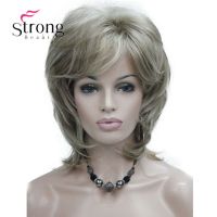 StrongBeauty Short Layered Brown with Blonde Highlighted Classic Cap Full Synthetic Wig Womens Hair Wigs COLOUR CHOICES Wig  Hair Extensions Pads