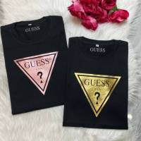 Guess เสื้อยืดแขนสั้นคอกลมสำหรับผู้ชายและผู้หญิง,พิมพ์ลายเทรนด์ใหม่