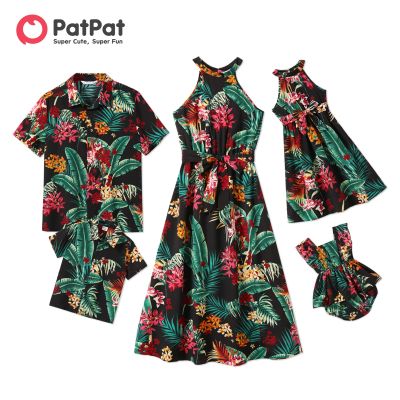 【YF】 PatPat Family Matching Outfits Allover Plant Floral Print Halterneck Dresses and Short-sleeve Shirts Looks Sets