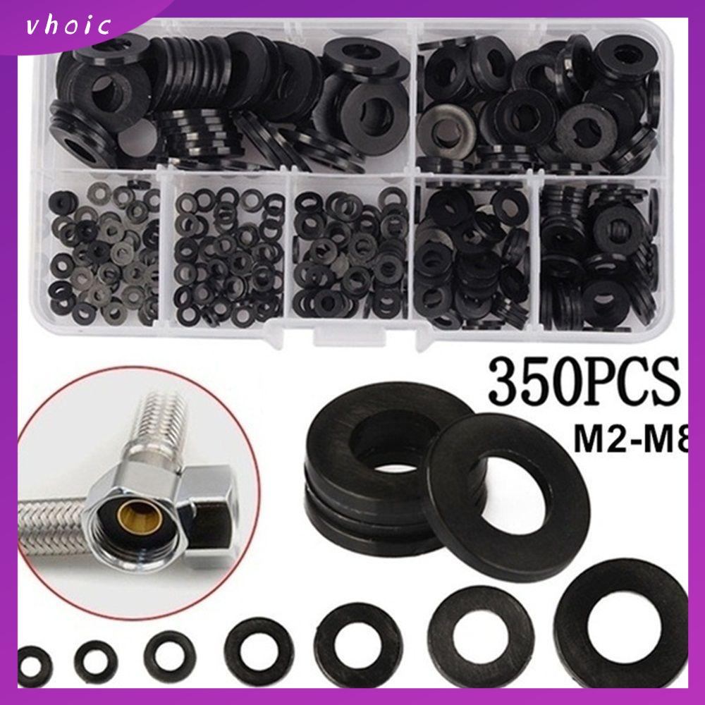 VHOIC 350pcs Hardware 7 Sizes Insulation Ring Black Nylon Flat Washer Screw Bolt Gasket Washer Assortment Kit M2 M2.5 M3 M4 M5 M6 M8