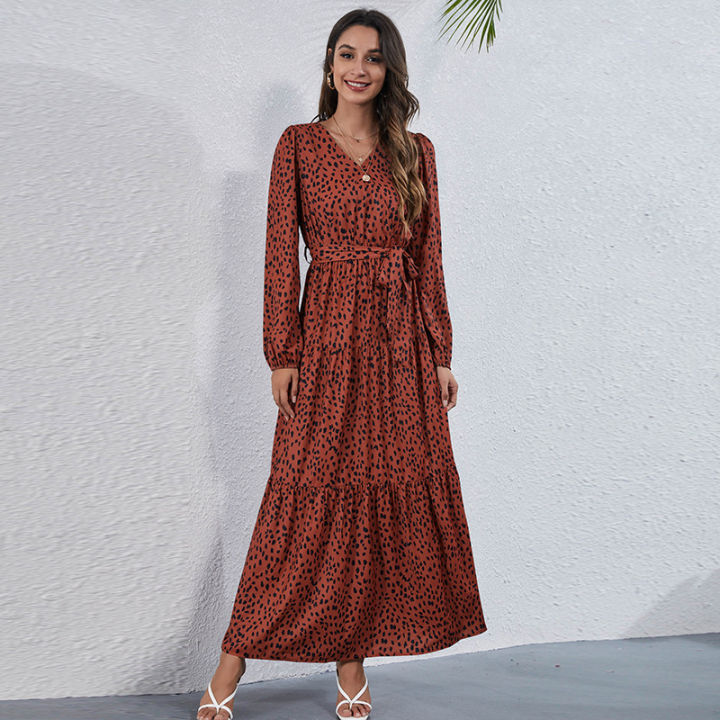 2021ATUENDO Autumn Fashion Sexy Dress for Women Bohemian Casual High Waist Maxi Robe Boho Leisure Satin Soft Solid Womens Clothing