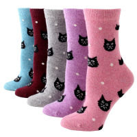 Winter Warm Thermal Wool Cashmere Socks for Women Fashion Casual Thick Cartoon Cat Cotton Mid Calf Cartoon Socks Pack