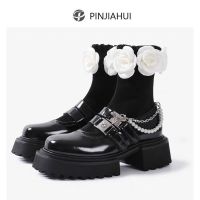 Designer elastic thin boots socks boots female 2022 fall thi设计师弹力瘦瘦靴袜靴女2022秋季厚底山茶花珍珠甜酷玛丽珍短靴女