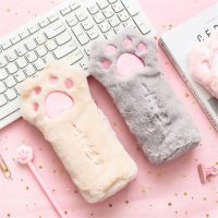 Large Capacity Cut Cat Paw Pencil Bag Pen Holder School Stationery Organizer Soft Plush Cosmetics Case Kawaii Pencil Pouch