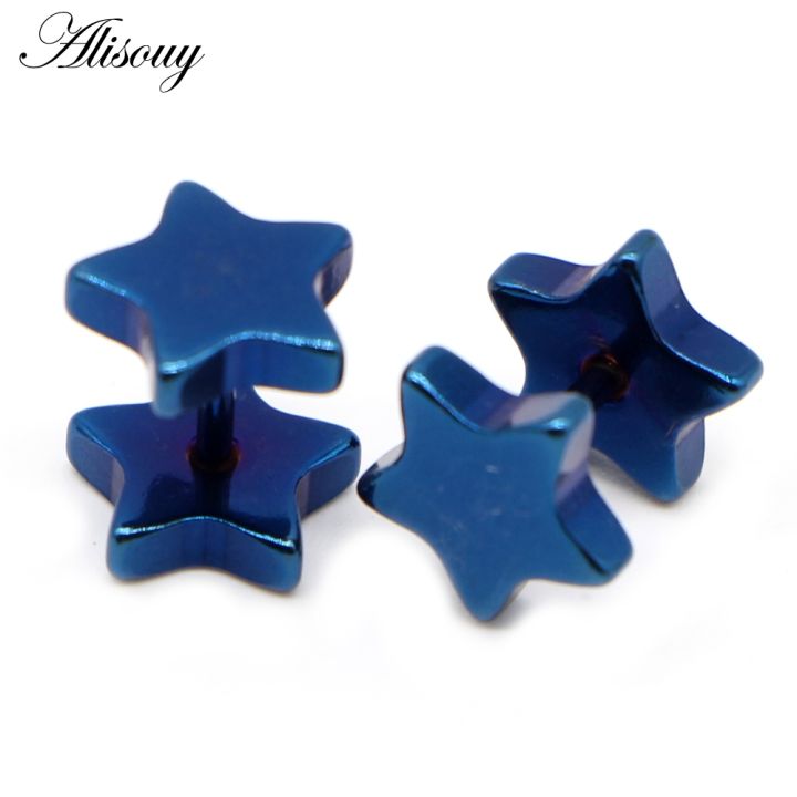 alisouy-2pcs-new-unisex-stainless-steel-barbell-ear-stud-classic-five-pointed-star-earrings-screw-back-ear-piercing-body-jewelry