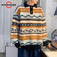 KYUSHUAD เสื้อสเวตเตอร์คอโปโลแบบสวมหัวของผู้ชาย,เสื้อสเวตเตอร์ขี้เกียจเนื้อหนาเย็บปะต่อแบบย้อนยุคเสื้อถักทรงหลวมให้ความอบอุ่น