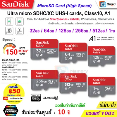 SANDISK Micro SD card Ultra 32GB / 64GB / 128GB / 256GB / 512GB / 1TB [120-150MB/s] A1, Class10, U1, UHS-I Memory card สำหรับโทรศัพท์ มือถือ กล้องวงจรปิด กล้องติดรถ เมมโมรี่การ์ด ของแท้ Synnex (SDSQUA4 / SDSQUAB / SDSQUAC)