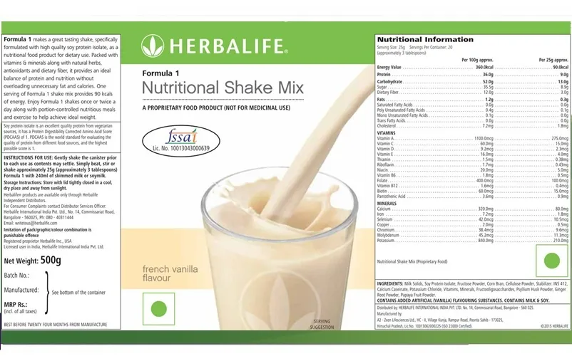 Herbalife F1 Slimming Nutritional Shake Mix 550g Canister (French Vanilla)