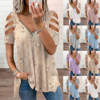 Fashion Women Short Sleeve Blouse Creative Zipper V-neck Loose Casual T-shirt Elegant Printing Pullover Tops