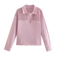 Za  Autumn Pink Cutwork Knit Sweater Women Long Sleeve Lapel Collar Casual Sweet Jumper Feminino Perforated Slim Knitted Top