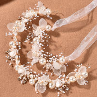 A CW】Flower Wedding Headband Bride Hair Jewelry for Women With Ribbon Pearl Hair Vines Flower Headpiece Girls Elegant Party Headdress