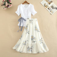 Womens Shirts Long Dress Two Piece Suit Summer Foreign Style High Waist A-line Skirts Sets Korean Fashion School Casual Clothes