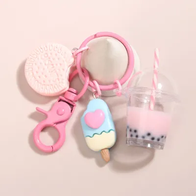 Cute Keychains Ice-cream Bubble Tea Biscuit Pink Key Rings Friendship For Best Friend Women Girl Handbag Gift Jewelry