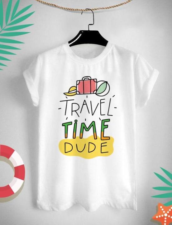เสื้อยืดลาย-ไปเที่ยวกัน-travel-time-สีสันสดใส-มีสีขาวกับเทา-ใส่สบาย-ไม่ยืด-ไม่ย้วย