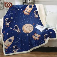 Bedding Rocket Ship Bed Blanket Blue Sherpa Fleece Throw Kids Outer Space Plush Bedding Astronauts Planets Stars cobertor