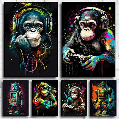 80S Retro Funny Monkey Player Gamepad รูปภาพสำหรับ Gaming Room Living ภาพวาดผ้าใบพิมพ์ Wall Art Home Decor สุนทรียศาสตร์โปสเตอร์ New