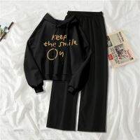 Spot parcel post Autumn and Winter Set Girls Korean Style Loose Figure Flattering Hoodie Matching Casual Sports Wide-Leg Pants Two-Piece Set