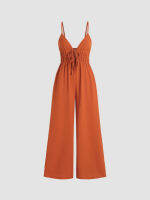 Cider Solid Shirred Knotted V-neck Jumpsuit