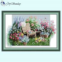 【hot】 Garden Chairs Floral Aida 14CT 16CT 11CT Counted Stamped Fabric Embroidery DMC Needlework Sewing