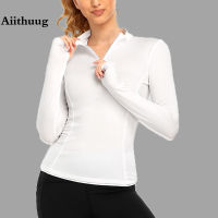 Aiithuug เสื้อแขนยาวโยคะครึ่งซิป Slim เอวกีฬาเสื้อแฟชั่นครึ่งซิป Thumb Hole Soft Light Gym Tops