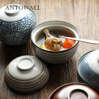 ANTOWALL ญี่ปุ่น HENGFENG 4.5นิ้วและ6.5นิ้วชามซุปเซรามิกที่มีฝาปิดชามข้าวสีฟ้าและสีขาวตุ๋นมิโซะซุปหม้ออบ