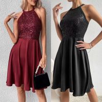 Summer new pure color sequins splicing sleeveless cultivate ones morality dress