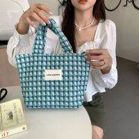 28163 Korean Style Refreshing Royal Blue Vegetable Basket Bag Fashion Plaid Hand Bag Woven Lunch Bag