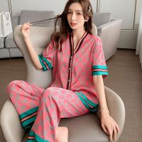 ♕▤☃ Ice silk pajamas womens summer thin section short-sleeved trousers suit Internet celebrity hot style high-end spring and autumn womens home service